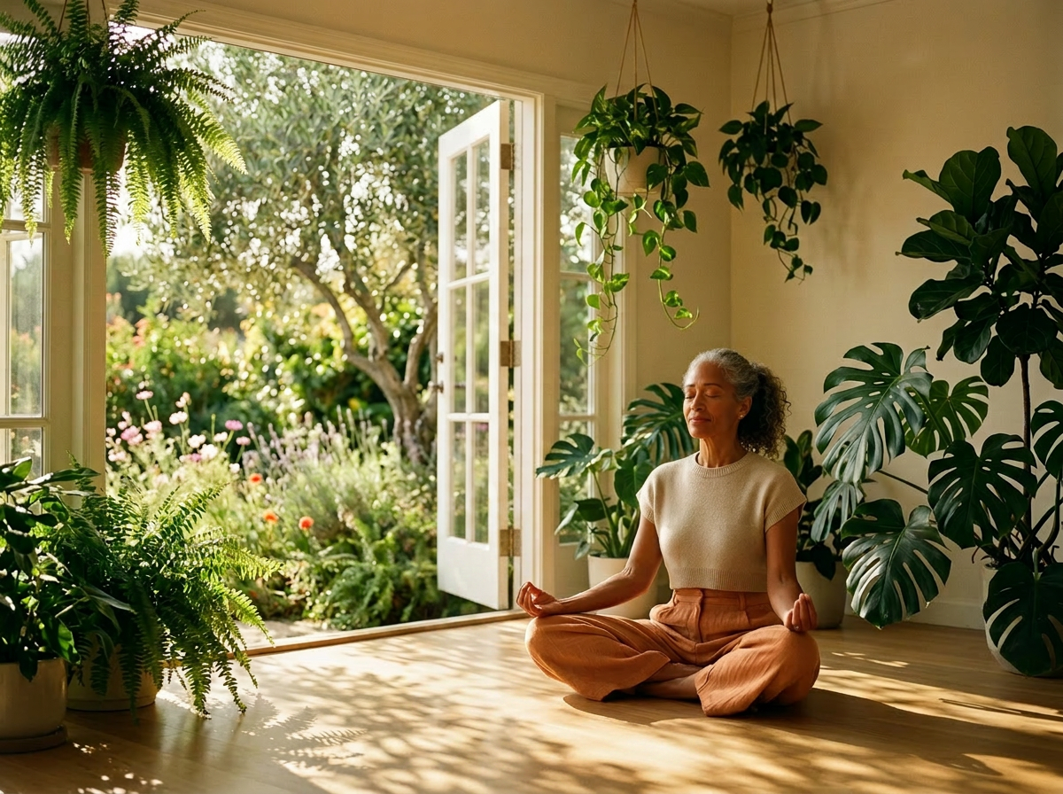 A confident woman in her 50s holding warrior pose in a sunlit studio